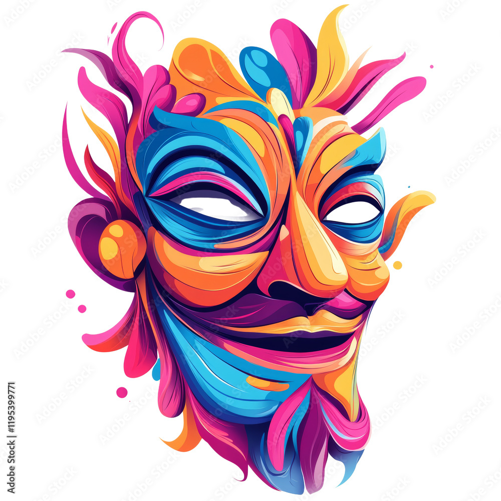 Poster A vibrant digital illustration of an abstract mask with a joyful expression, showcasing a dynamic blend of colors and fluid forms.