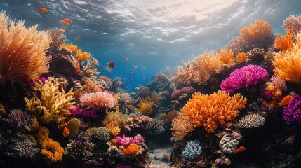 Obraz premium Vibrant coral reef teeming with colorful fish underwater. Sunlight streams through the water, illuminating the diverse coral formations.