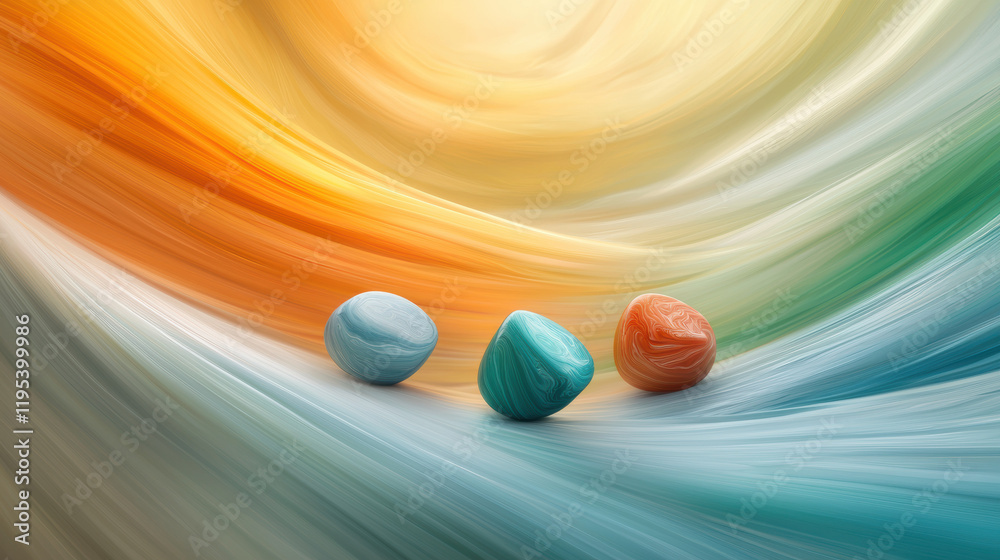 Fototapete colorful abstract background with three marbled spheres in blue, orange, and turquoise. flowing patt