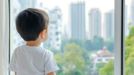 A child gazes out a window at a cityscape, reflecting curiosity and wonder about the world beyond.