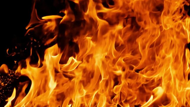 Burning flames and embers rising on black background