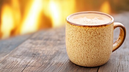 Warm Coffee Mug on Rustic Wooden Table with Cozy Fireplace Background