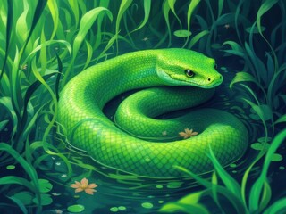 Obraz premium Vibrant Green Snake in Lush Jungle Pond