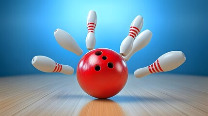 Red Bowling Ball Strikes Multiple Pins In Motion