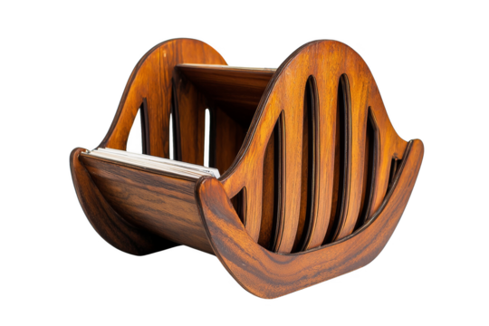 Elegant Wooden Magazine Rack with Curved Design and Slatted Detail