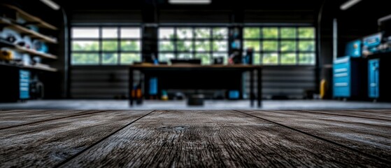 Obraz premium Rustic Wood Tabletop Garage Workshop Background Copy Space