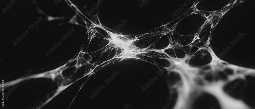 Poster Intricate web-like structure captured in black and white, showcasing fine details and organic forms in a dark background