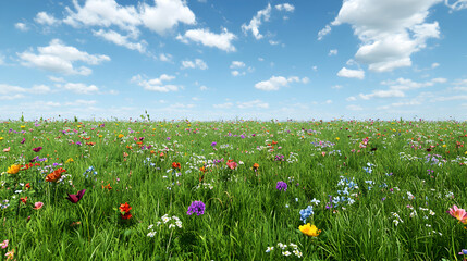 Obraz premium Vibrant wildflowers bloom in a sun-drenched meadow under a bright blue sky scattered with fluffy white clouds; a picturesque summer scene.