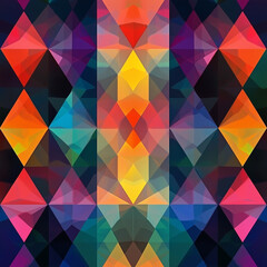 Vibrant geometric abstract pattern with kaleidoscope effect, colorful triangular shapes creating a modern digital design for backgrounds and creative projects
