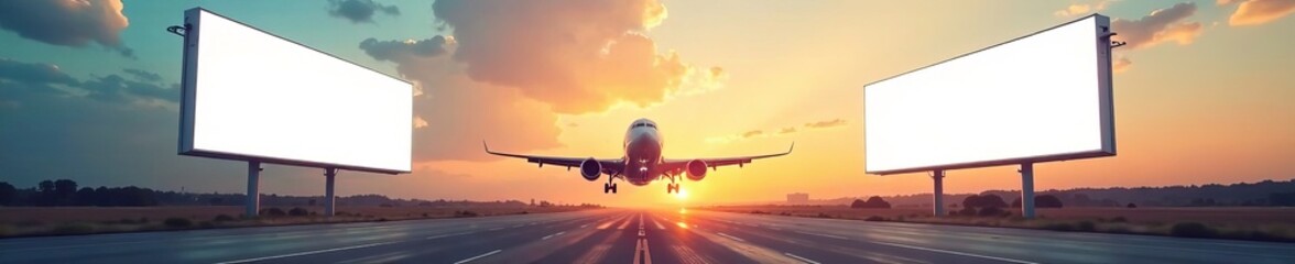 Obraz premium An airplane landing during sunset with billboards on either side of the runway.
