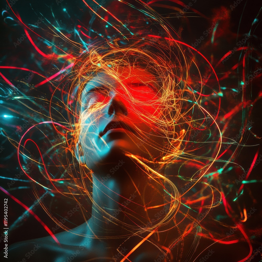 Fototapete person with swirling lines and abstract shapes creating a vivid, dreamlike atmosphere in an artistic