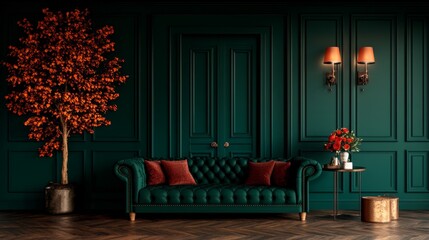 Elegant emerald green living room interior with a chesterfield sofa, autumnal tree, and warm lighting.  A touch of luxury.