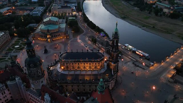 Aerial view of Dresden Cathedral at night in Dresden, Germany