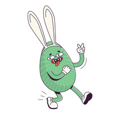 Groovy Retro cartoon character easter egg with bunny ears. Flat illustration of a walking character wearing gloves