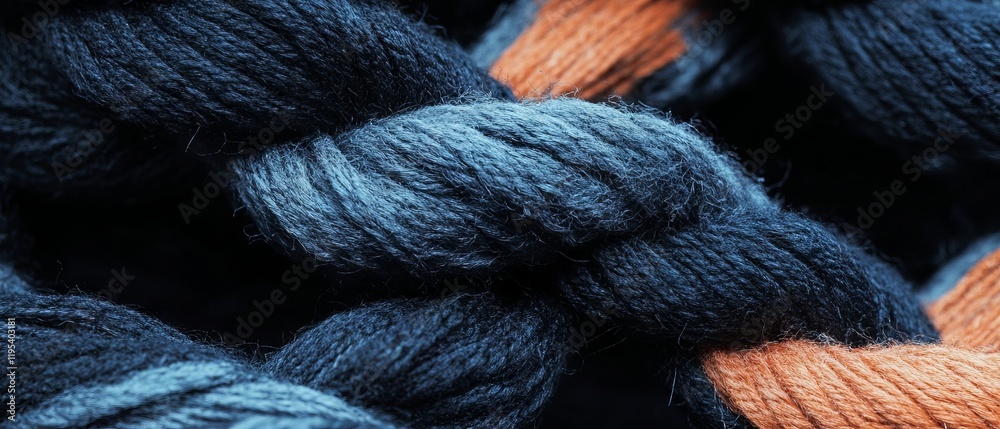Poster twisted strands of blue and orange rope capture intricate details of texture and color in natural li
