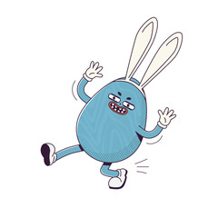 Groovy Retro cartoon character easter egg with bunny ears. Flat illustration of a walking character wearing gloves 