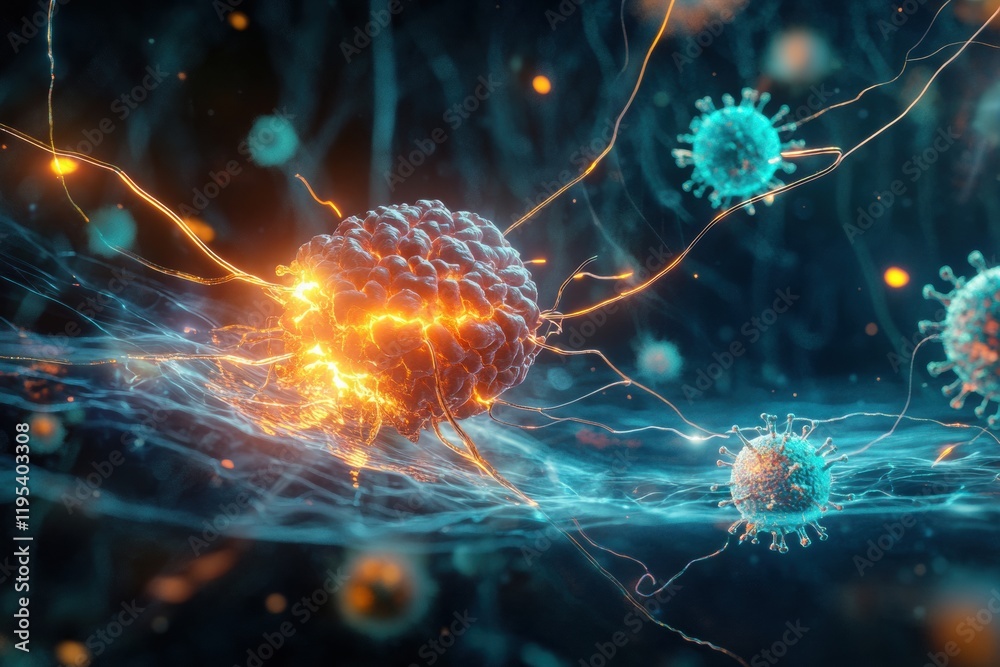 Aufkleber magnified human cell under attack from a virus in a dramatic cellular interaction scene. generative 