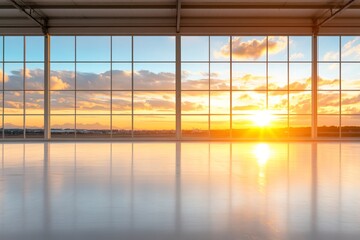 Fototapeta premium Golden sunset view through expansive windows of a modern building. Warm light reflects on the polished floor.