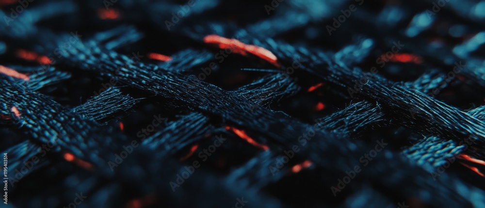 Poster textured fabric close-up reveals intricate weaving patterns with contrasting colors and threads in a