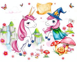 Obraz premium Enchanted unicorns explore a magical forest filled with colorful flowers and whimsical creatures on a sunny day