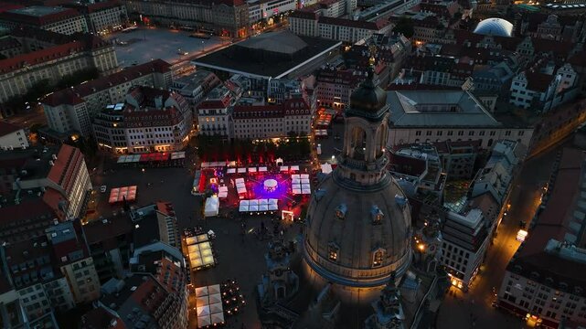 Aerial view of New Market (Neumarkt) at night in Dresden, Germany