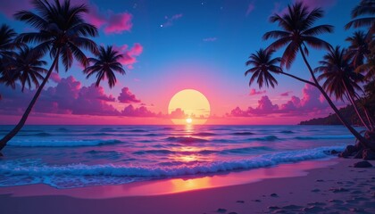 Vibrant Sunset Over a Tropical Beach with Palm Trees
