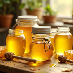 Jars of honey, cakes next to them and a honey cellar on a table