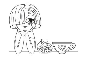 Vector cartoon outline illustration of a sitting girl with a cup and cake, black outline on a white background
