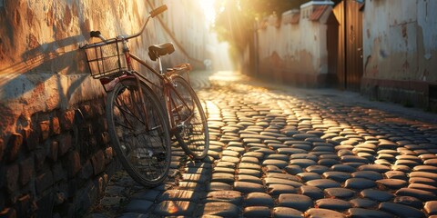 A vintage bicycle rests against a cobblestone street, illuminated by warm sunlight in a serene alley.