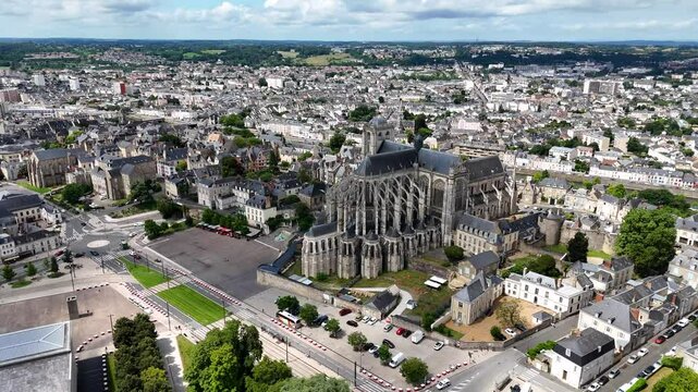 Aerial footage of Le Mans, a city in Northwestern France