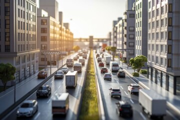 Obraz premium A miniature city with two-lane roads shows urban traffic flow during sunset. 