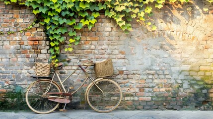 Fototapeta premium A vintage bicycle with wicker baskets rests against a brick wall adorned with ivy.