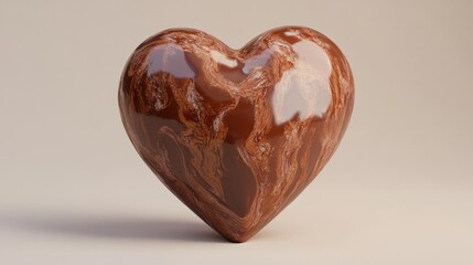 A realistic chocolate heart with textured details and glossy sheen on a beige surface