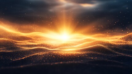 Fototapeta premium Golden hour over a shimmering, sandy landscape. Warm light illuminates the scene, creating a magical, otherworldly atmosphere.