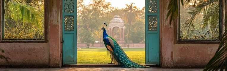 Fototapeta premium A vibrant Mughal-style garden illustration with a peacock and a temple, ideal for cultural or artistic themes.