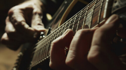 A luthier's hands adjusting guitar strings for perfect tension, focus and precision captured in the details