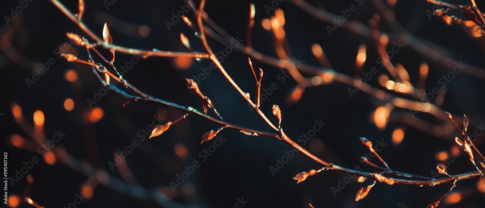 Poster fresh spring buds glisten on branches illuminated by soft light in a tranquil forest setting