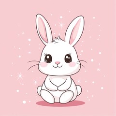 Cute white bunny sitting, pink background, sparkles, children's illustration