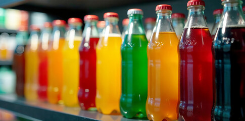 Colorful bottles of soda lined up on a shelf in a vibrant display.