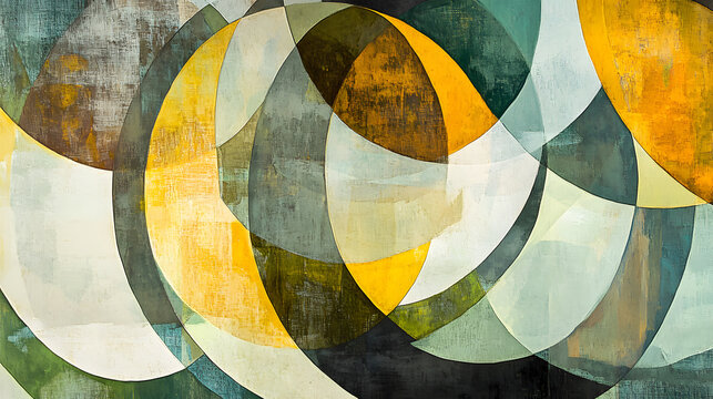 A harmonious abstract composition of intersecting circles and lines in muted yellows, greens, and grays, with medium contrast to emphasize the interplay of elements 