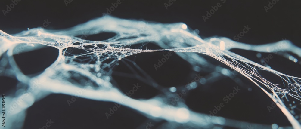 Poster intricate patterns of a spider web glistening in the light against a dark background