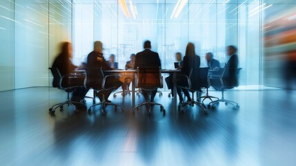 Corporate meeting room with round table showcasing blurred discussions