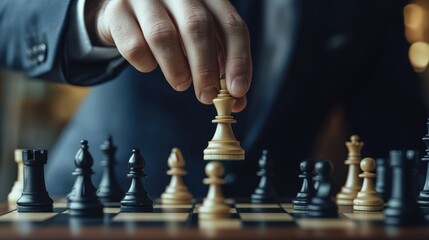 chess battle, victory, success, leader, teamwork, business strategy . business man wear business suit move prepare move king chess pieces, plan strategy lead successful business competition leader.