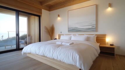 Serene bedroom with ocean view.  White bedding and minimalist decor create a calming atmosphere.