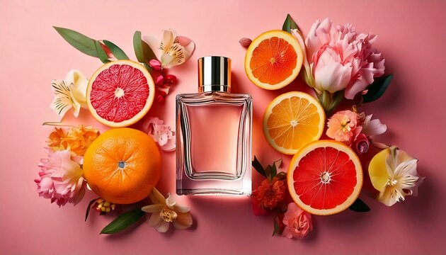 Elegant perfume bottles with citrus fruits on a pink background