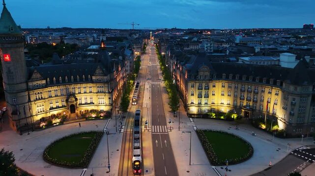 Aerial view of Avenue de la Liberte at night in Luxembourg City, Luxembourg