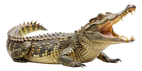 aggressive wild crocodile with open mouth showing dangerous teeth isolated on white