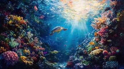 Fototapeta premium A vibrant coral reef teeming with diverse marine life, showcasing colorful fish, sea turtles, and intricate coral formations, illuminated by sunlight filtering through the water 