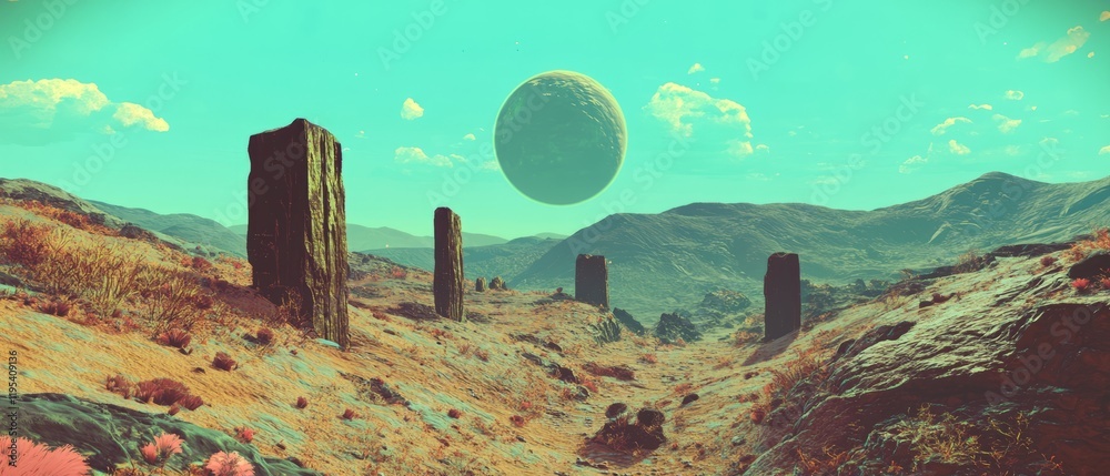 Wall mural surreal landscape with monolithic structures under a large celestial body in a vibrant alien setting