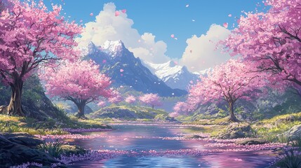 Cherry Blossom Landscape in Spring
